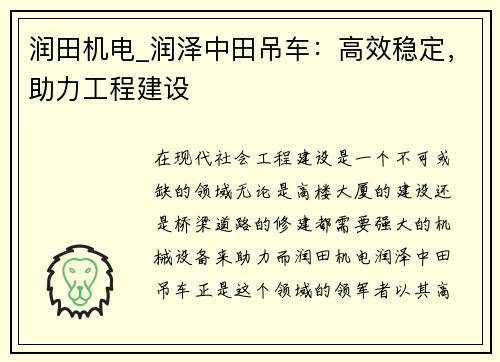 润田机电_润泽中田吊车:高效稳定,助力工程建设 润田机电_润泽中田吊车:高效稳定,助力工程建设